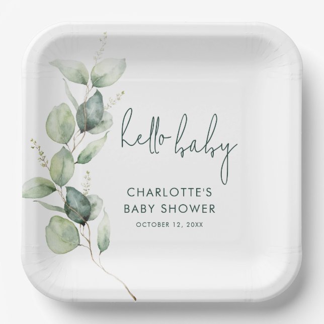 Plato De Papel Eucalyptus Botanical Script Baby Shower (Anverso)