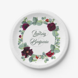 Plato De Papel Eucalyptus Burgundy Red Flowers Greeneration Boda