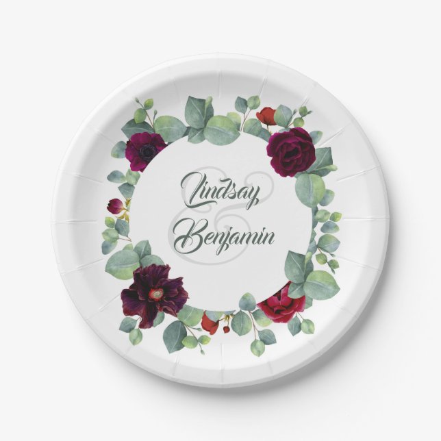 Plato De Papel Eucalyptus Burgundy Red Flowers Greeneration Boda (Anverso)