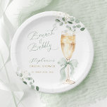 Plato De Papel Eucalyptus Champagne Brunch & Bubbly Bridal Shower<br><div class="desc">Celebrate the bride-to-be with a delightful 'Brunch & Bubbly' bridal shower theme. These paper plates feature a charming watercolor illustration of a champagne flute adorned with a soft green ribbon,  surrounded by delicate eucalyptus leaves and tiny white blossoms.</div>