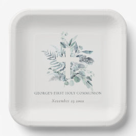 Plato De Papel Eucalyptus Fern Foliage Cross First Holy Communia