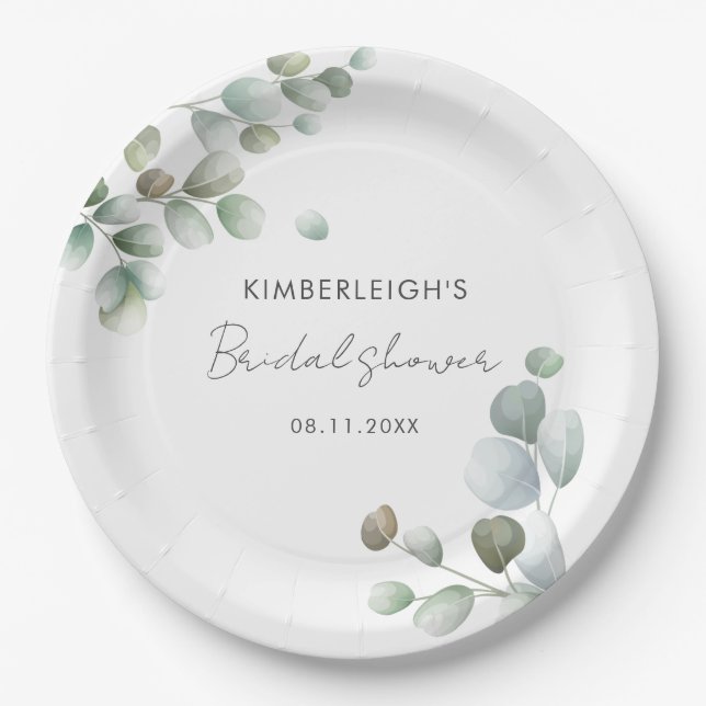 Plato De Papel Eucalyptus Foliage Script Bridal Shower (Anverso)