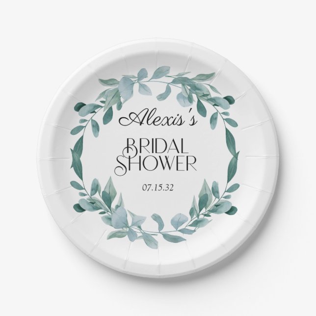 Plato De Papel Eucalyptus Green Frame Green Blue Bridal Shower (Anverso)