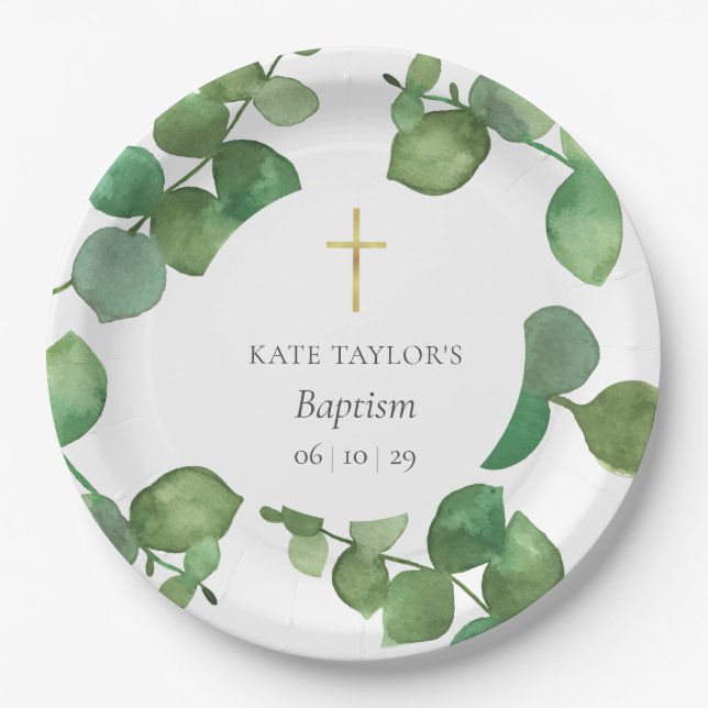Plato De Papel Eucalyptus Greenery Baptism Christening (Anverso)