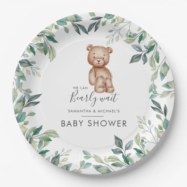 Plato De Papel Eucalyptus Greenery Bear Couples Baby Shower (Anverso)