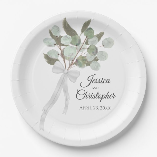 Plato De Papel Eucalyptus & Greenery Bouquet Watercolor Boda (Anverso)