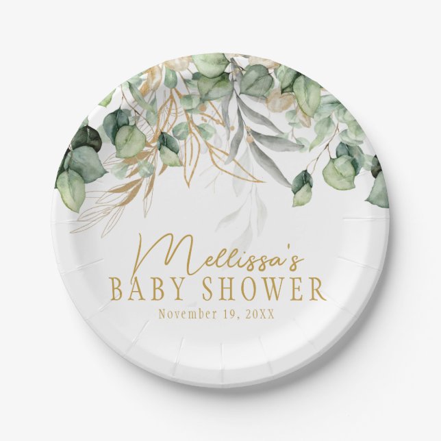 Plato De Papel Eucalyptus Greenery Green Leaf & Gold Baby Shower (Anverso)