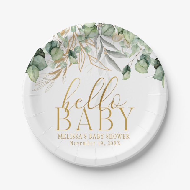 Plato De Papel Eucalyptus Greenery Green Leaf & Gold Hello Baby (Anverso)