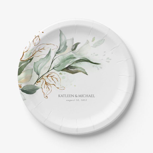 Plato De Papel Eucalyptus Greenery Watercolor Boda romántico (Anverso)