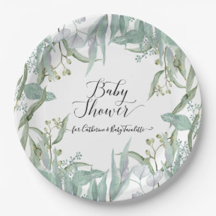 Plato De Papel Eucalyptus Greenery Watercolor Foliage Baby Shower