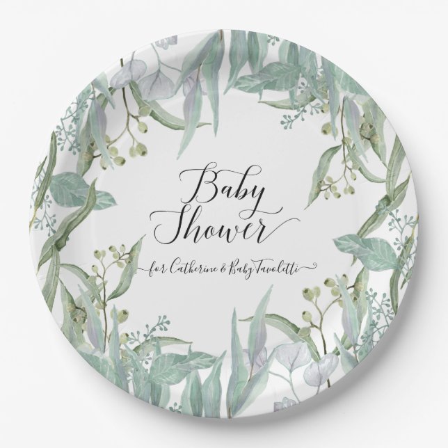 Plato De Papel Eucalyptus Greenery Watercolor Foliage Baby Shower (Anverso)