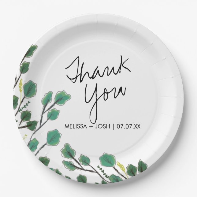 Plato De Papel Eucalyptus Hand Drawn Leaf Gracias (Anverso)