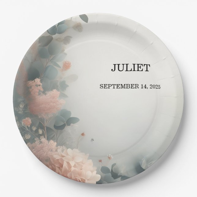 Plato De Papel Eucalyptus Lace Tulle Dusty Blue Bridal Shower (Anverso)