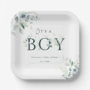 Plato De Papel Eucalyptus Letra Verde Botánica Boy Baby Shower