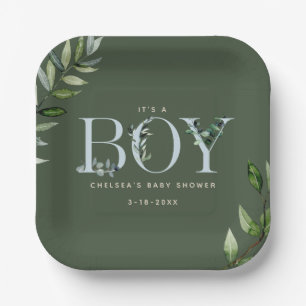Plato De Papel Eucalyptus Lettering Green Blue Boy Baby Shower