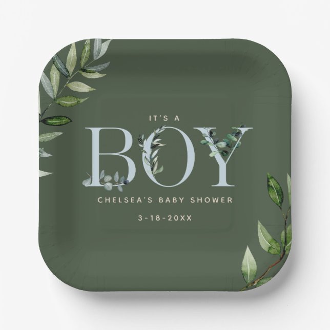 Plato De Papel Eucalyptus Lettering Green Blue Boy Baby Shower (Anverso)