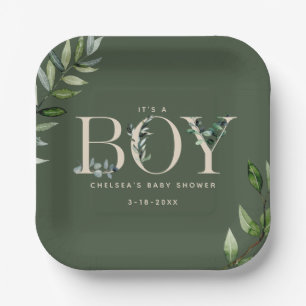 Plato De Papel Eucalyptus Lettering Green Boy Baby Shower