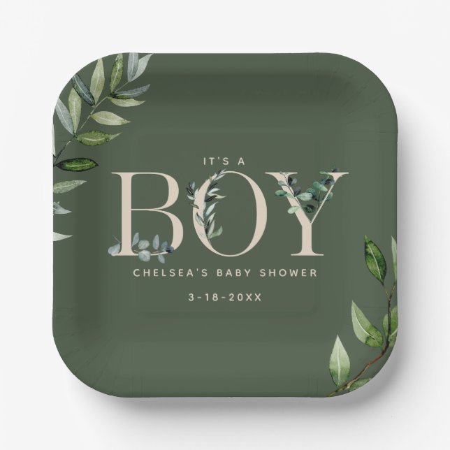 Plato De Papel Eucalyptus Lettering Green Boy Baby Shower (Anverso)