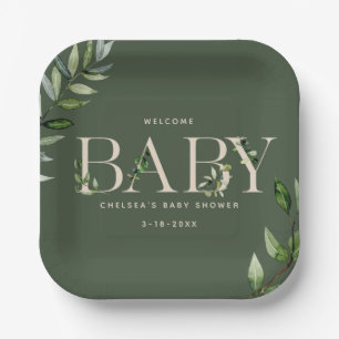 Plato De Papel Eucalyptus Lettering Green Neutral Baby Shower