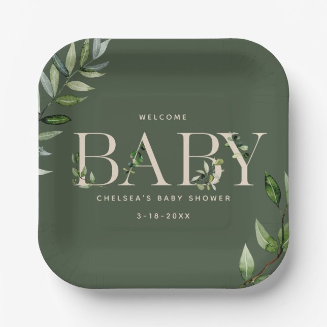 Plato De Papel Eucalyptus Lettering Green Neutral Baby Shower (Anverso)