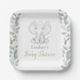 Plato De Papel Eucalyptus Little Elephant Baby Shower