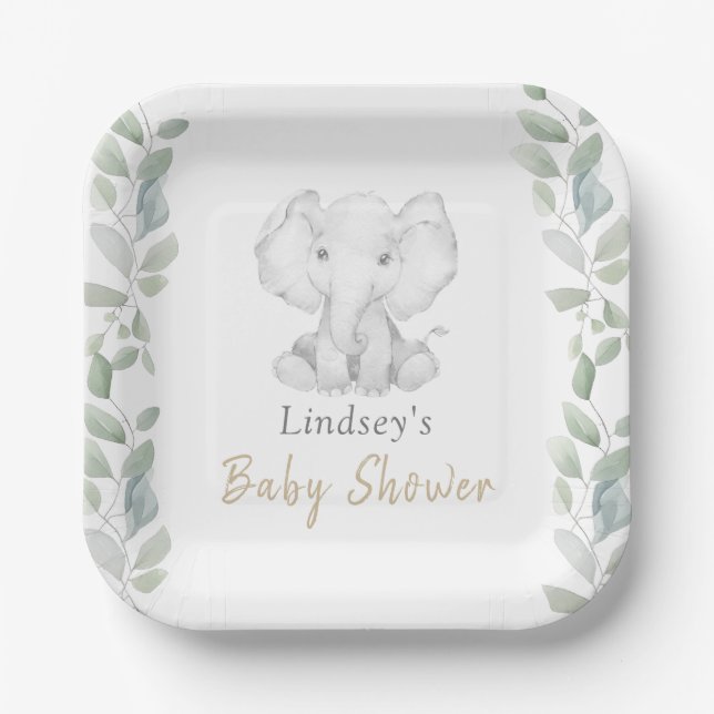 Plato De Papel Eucalyptus Little Elephant Baby Shower (Anverso)