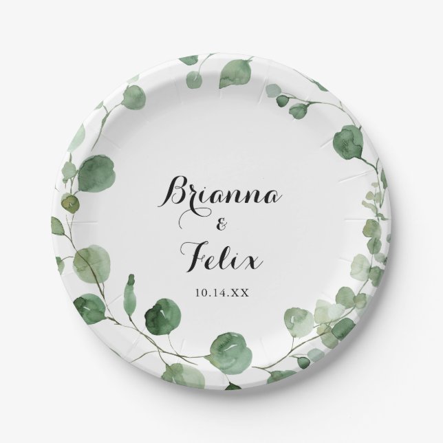 Plato De Papel Eucalyptus Modern Calligraphy Boda Cake (Anverso)