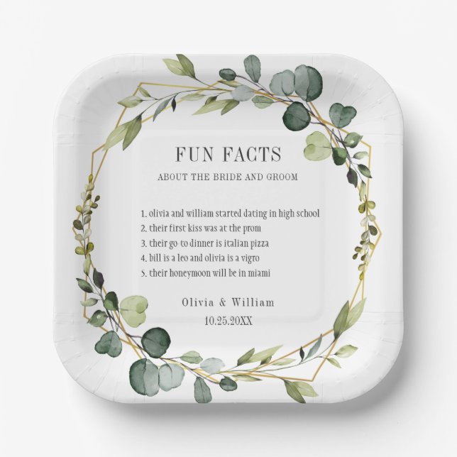 Plato De Papel Eucalyptus moderno Wreath Fun Facts Boda (Anverso)