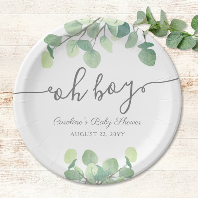 Plato De Papel Eucalyptus Oh Boy Baby Shower (Oh Boy! Eucalyptus Baby Boy Shower Paper Plates)