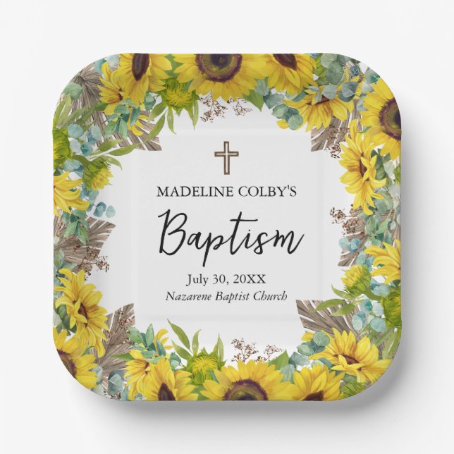Plato De Papel Eucalyptus Palm Boho Square Baptism (Anverso)