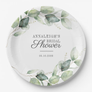 Plato De Papel Eucalyptus Script Greenery Botanical Bridal Shower