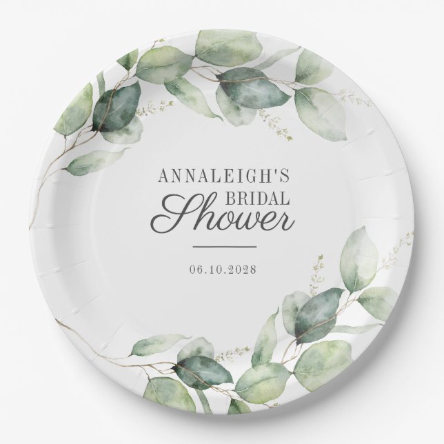 Plato De Papel Eucalyptus Script Greenery Botanical Bridal Shower (Anverso)