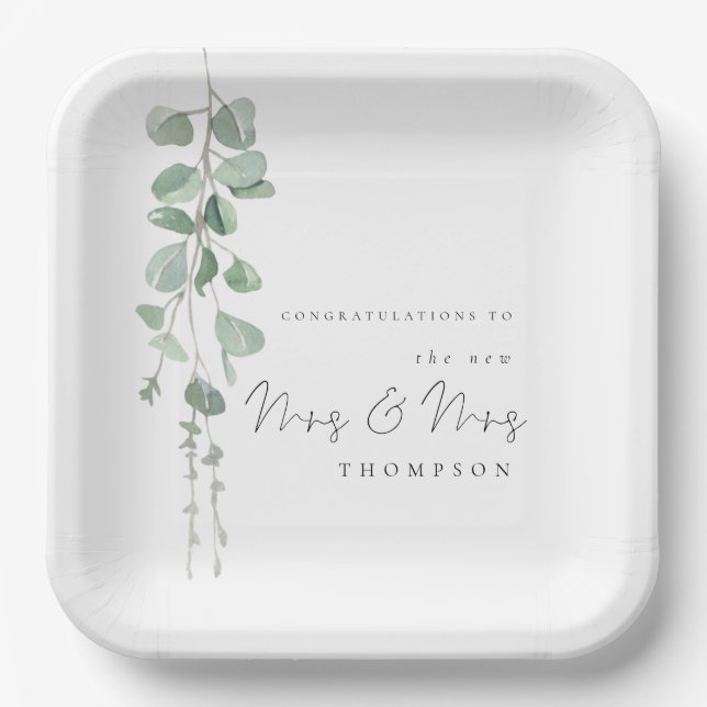 Plato De Papel Eucalyptus Sra. Lesbian Boda Plates de Papel (Anverso)