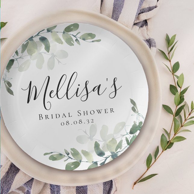 Plato De Papel Eucalyptus Watercolor Bridal Shower (Subido por el creador)