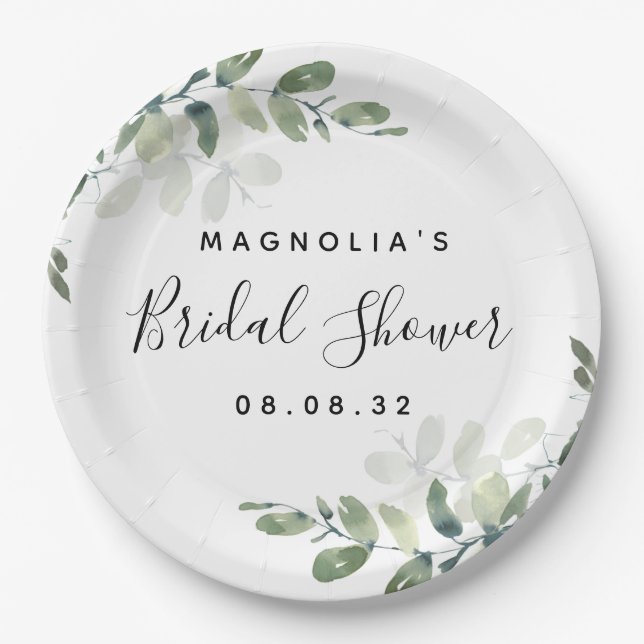 Plato De Papel Eucalyptus Watercolor Bridal Shower (Anverso)