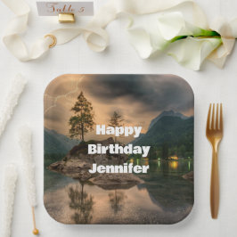 Plato De Papel Evening Mountain Lake Fotografía cumpleaños