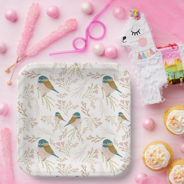 Plato De Papel Evento Cute Pink Gold Chickadee Bird Floral Hearts (Fiesta)