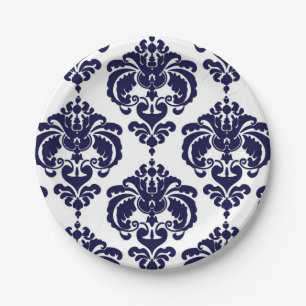 Plato De Papel Evento de Boda Vintage Azul Marino y Blanco Damask