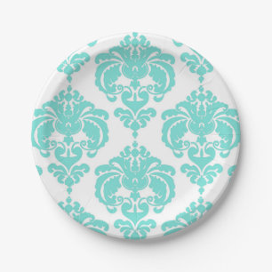 Plato De Papel Evento de Boda Vintage con Damasco Azul Turquesa y
