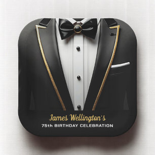 Plato De Papel Evento de cumpleaños de Black and Gold Tuxedo