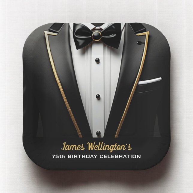 Plato De Papel Evento de cumpleaños de Black and Gold Tuxedo (Subido por el creador)