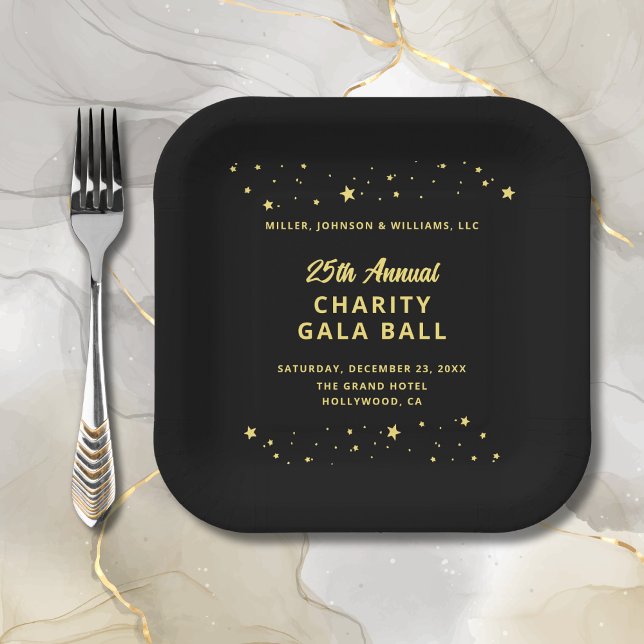 Plato De Papel Evento de Gala Beneficencia Recaudación de fondos  (Gala Event Charity Ball Fundraiser Black and Gold Paper Plate, Company Name,  Event Details, Stars.)