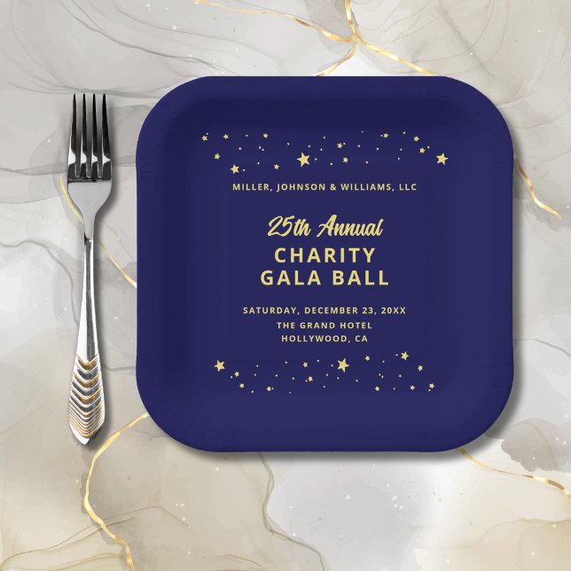 Plato De Papel Evento de Gala Bola de caridad Elegante Estrellas  (Annual Charity Gala Ball Event Paper Plate in Navy Blue and Gold with Gold Stars.)