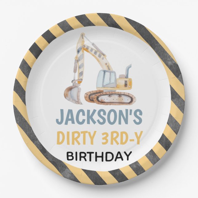 Plato De Papel Excavator Yellow Construction Dirty 3rdy Plate (Anverso)