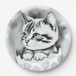Plato De Papel excéntrico gatito de Pascua en la cáscara de huevo