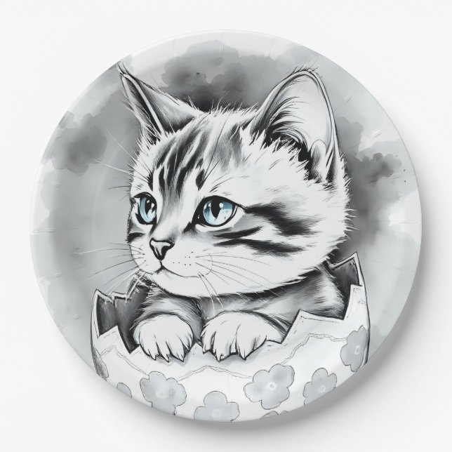 Plato De Papel excéntrico gatito de Pascua en la cáscara de huevo (Anverso)