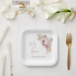 Plato De Papel Exótico Tropical Boho Rosas Rosadas Baby Shower