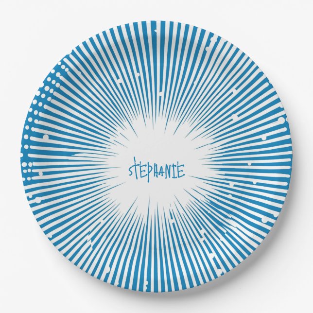 Plato De Papel Explosión de arte pop de estilo cómico - azul y bl (Anverso)