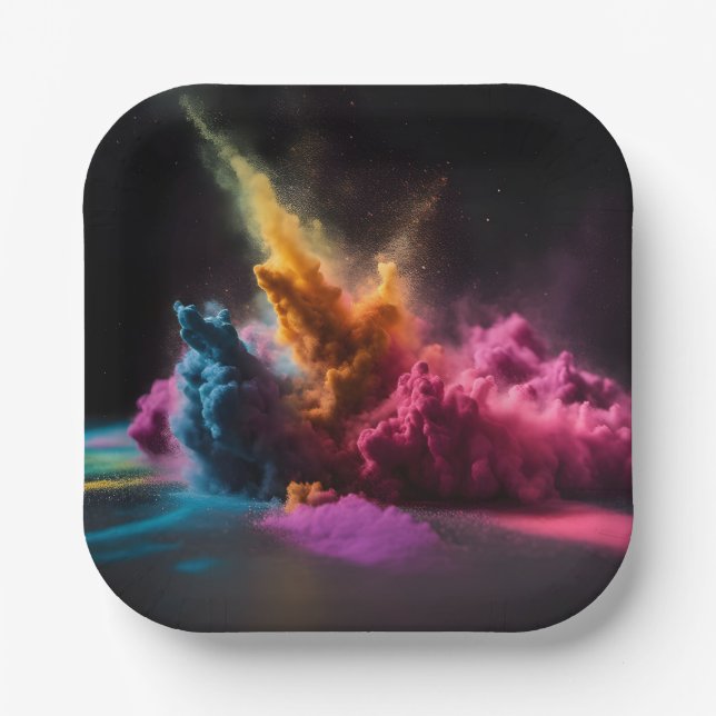 Plato De Papel Explosión en polvo de arcoiris sobre negro (Anverso)