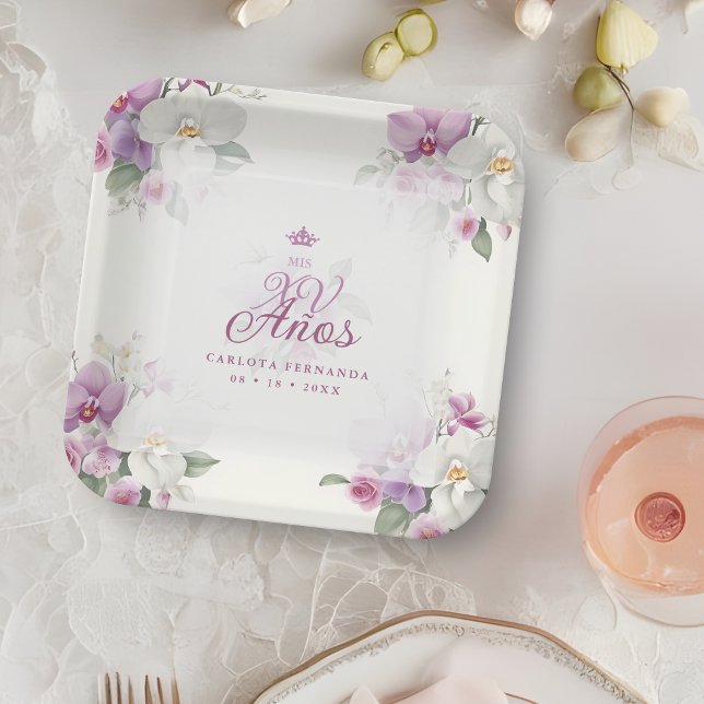 Plato De Papel Exquisito Mis XV Años Posiciones Orquídeas Florale (Romantic Exquisite Mis XV Años Spanish Floral Orchids Bouquets in Pink shades Paper Plates. )
